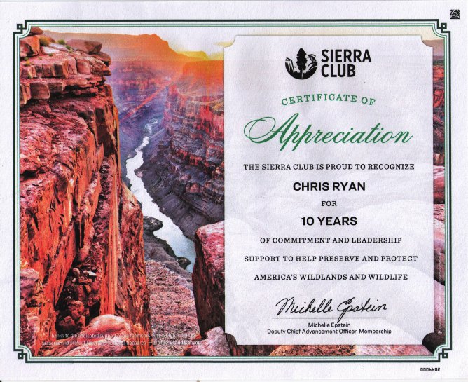 Sierra Club Certificate Award to Chris Ryan