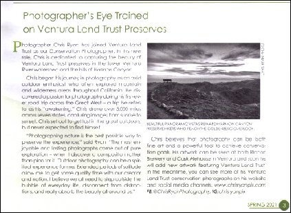 Ventura Land Trust Outlook Article about Chris Ryan Conservation Photographer