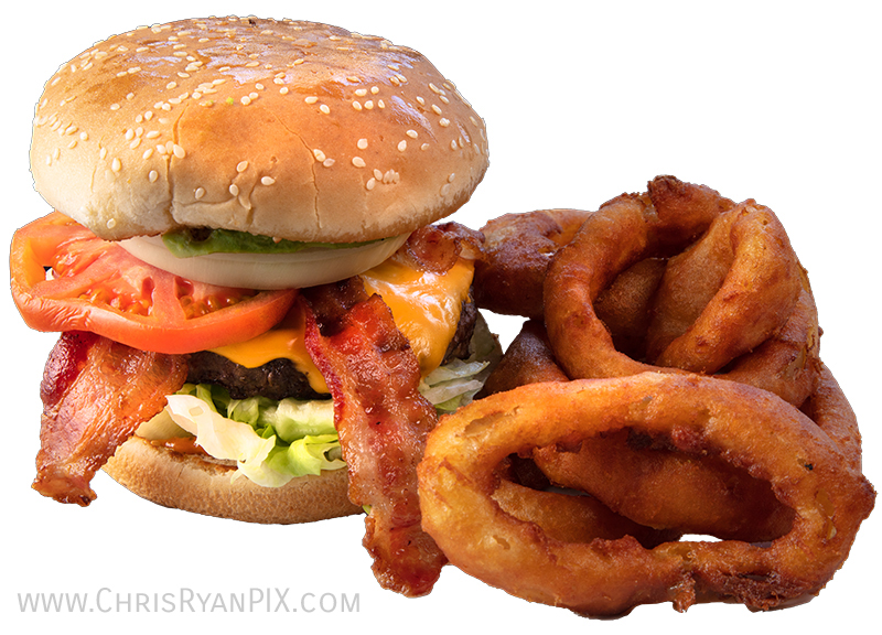 Delicious food photo of hamburger and onion rings