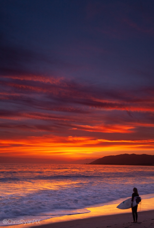 Surfer Standing on the Shoreline during Sunset watching waves