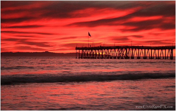 Red sunset and clouds over the Ventura Pier