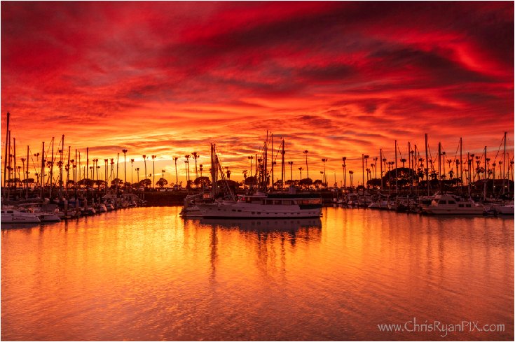 Colorful Sunset over the boats at Ventura Harbor